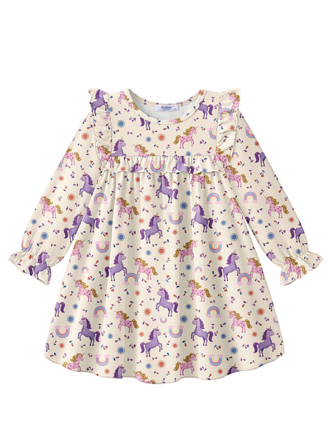 Toddler Girls Long Sleeve Dress Puff Sleeve Ruffle Trim A-Line Fall Dress - Unicorn Print