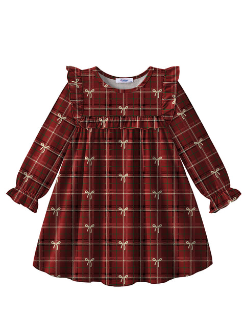 Toddler Girls Long Sleeve Dress Puff Sleeve Ruffle Trim A-Line Fall Dress - GW601