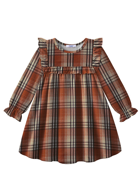 Toddler Girls Long Sleeve Dress Puff Sleeve Ruffle Trim A-Line Fall Dress - Brown Plaid