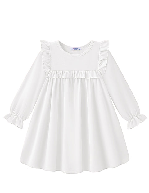 Toddler Girls Long Sleeve Dress Puff Sleeve Ruffle Trim A-Line Fall Dress - White