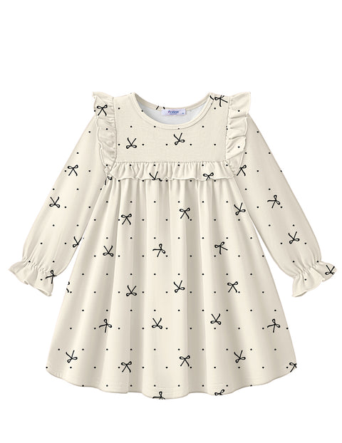 Toddler Girls Long Sleeve Dress Puff Sleeve Ruffle Trim A-Line Fall Dress - Bow-print