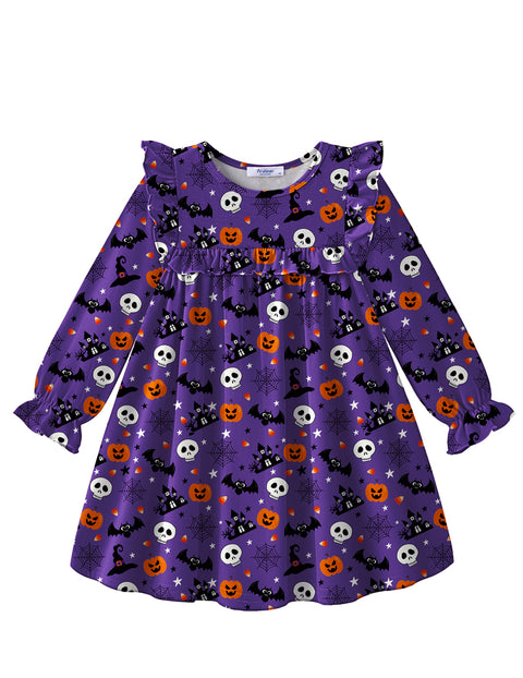 Toddler Girls Long Sleeve Dress Puff Sleeve Ruffle Trim A-Line Fall Dress - Halloween Purple