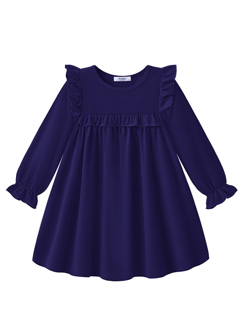 Toddler Girls Long Sleeve Dress Puff Sleeve Ruffle Trim A-Line Fall Dress - Navy Blue