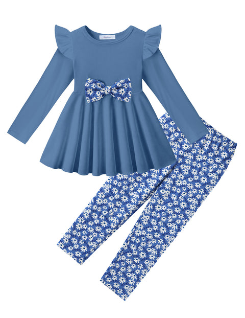 Toddler Girls 2 Piece Outfit Ruffle Bow Long Sleeve Top and Leggings Set - Grey Blue&floral