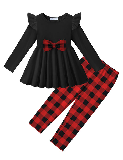 Toddler Girls 2 Piece Outfit Ruffle Bow Long Sleeve Top and Leggings Set - PAT10