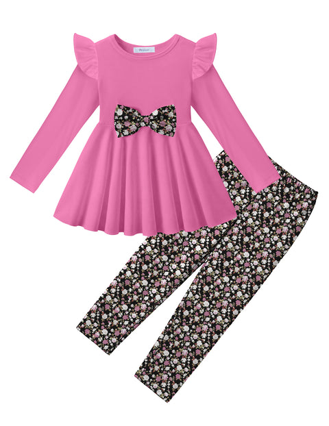Toddler Girls 2 Piece Outfit Ruffle Bow Long Sleeve Top and Leggings Set - Peach Pink&floral