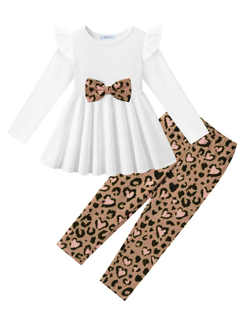 Toddler Girls 2 Piece Outfit Ruffle Bow Long Sleeve Top and Leggings Set - White&leopard
