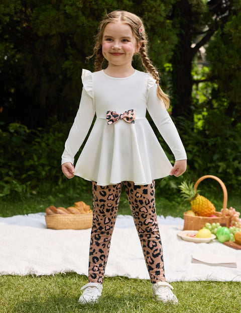 Toddler Girls 2 Piece Outfit Ruffle Bow Long Sleeve Top and Leggings Set - White&leopard