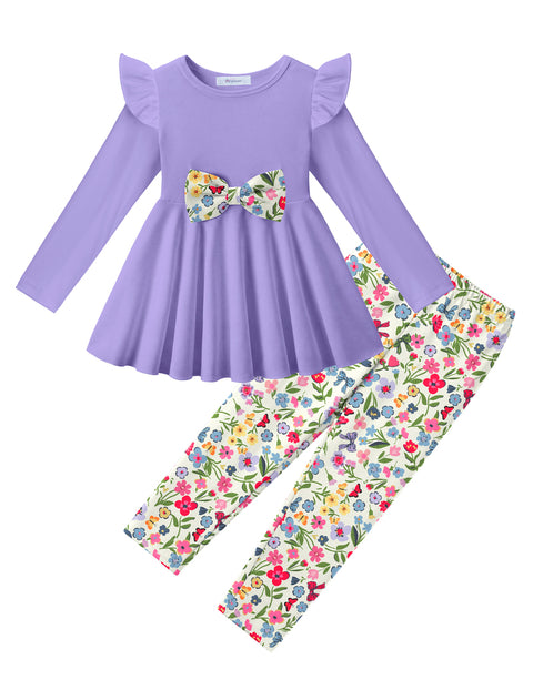 Toddler Girls 2 Piece Outfit Ruffle Bow Long Sleeve Top and Leggings Set - Purple&flower