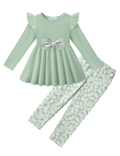 Toddler Girls 2 Piece Outfit Ruffle Bow Long Sleeve Top and Leggings Set - Light Green&floral