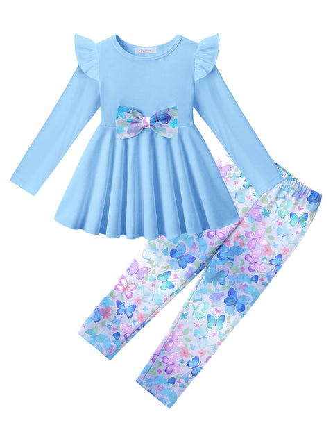 Toddler Girls 2 Piece Outfit Ruffle Bow Long Sleeve Top and Leggings Set - Light Blue&butterfly Print