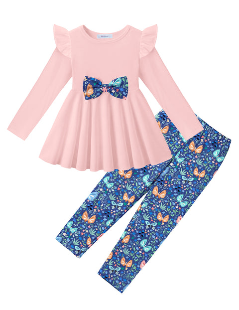 Toddler Girls 2 Piece Outfit Ruffle Bow Long Sleeve Top and Leggings Set - Pink&floral