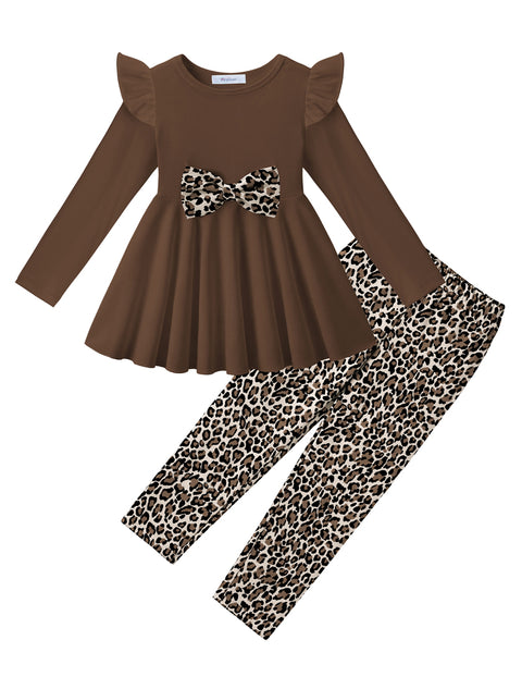 Toddler Girls 2 Piece Outfit Ruffle Bow Long Sleeve Top and Leggings Set - Brown&leopard