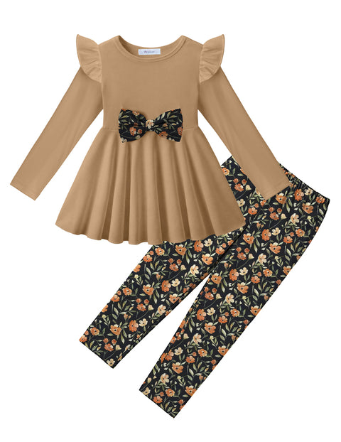 Toddler Girls 2 Piece Outfit Ruffle Bow Long Sleeve Top and Leggings Set - Brown&floral