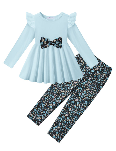 Toddler Girls 2 Piece Outfit Ruffle Bow Long Sleeve Top and Leggings Set - Light Blue&floral