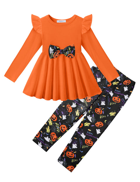 Toddler Girls 2 Piece Outfit Ruffle Bow Long Sleeve Top and Leggings Set - Orange&pumpkin Print