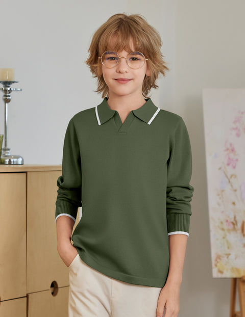 Boys Long Sleeve Knit Polo Shirt Lapel Collar School Uniform Sweater Top