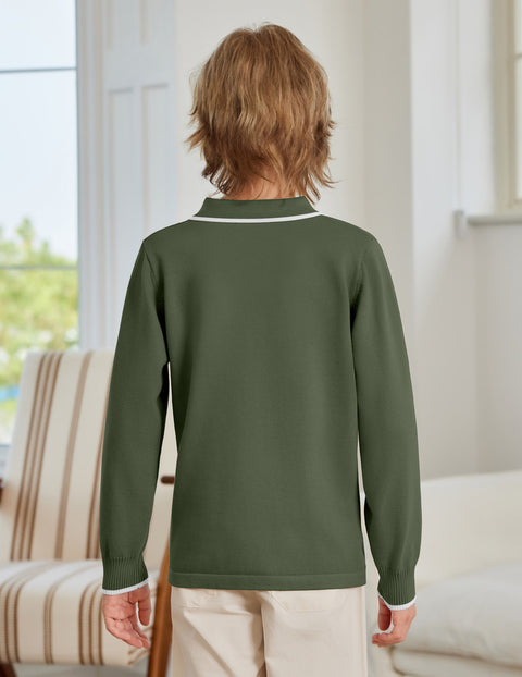 Boys Long Sleeve Knit Polo Shirt Lapel Collar School Uniform Sweater Top