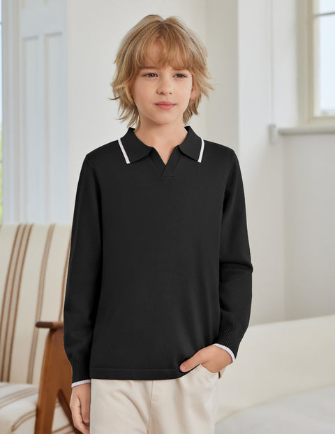 Boys Long Sleeve Knit Polo Shirt Lapel Collar School Uniform Sweater Top