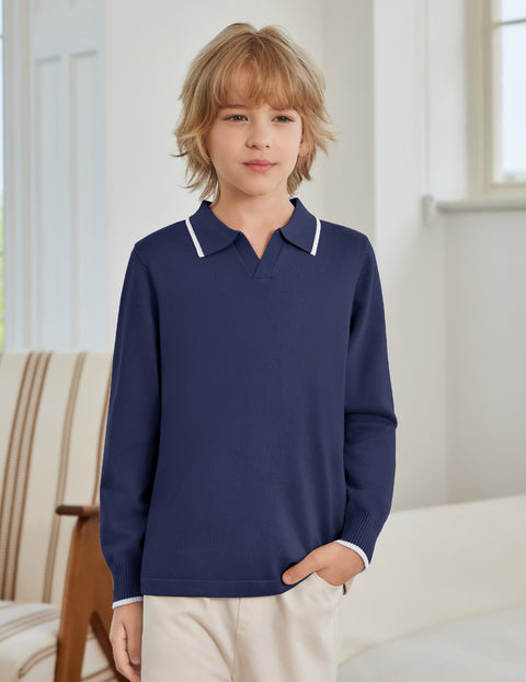 Boys Long Sleeve Knit Polo Shirt Lapel Collar School Uniform Sweater Top