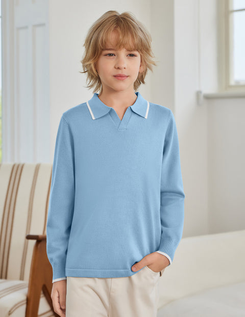 Boys Long Sleeve Knit Polo Shirt Lapel Collar School Uniform Sweater Top