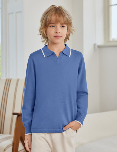 Boys Long Sleeve Knit Polo Shirt Lapel Collar School Uniform Sweater Top