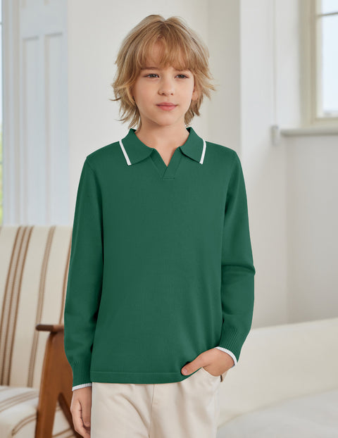 Boys Long Sleeve Knit Polo Shirt Lapel Collar School Uniform Sweater Top