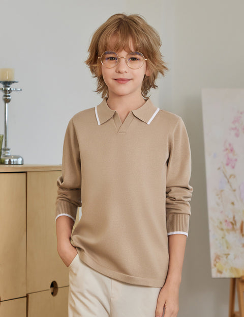 Boys Long Sleeve Knit Polo Shirt Lapel Collar School Uniform Sweater Top