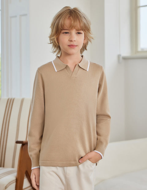 Boys Long Sleeve Knit Polo Shirt Lapel Collar School Uniform Sweater Top