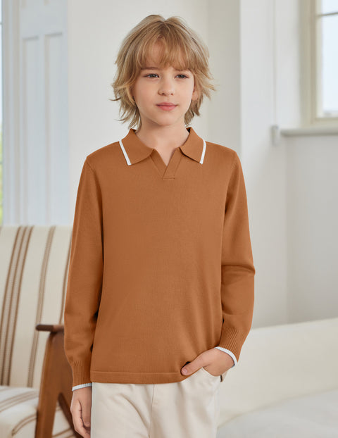 Boys Long Sleeve Knit Polo Shirt Lapel Collar School Uniform Sweater Top