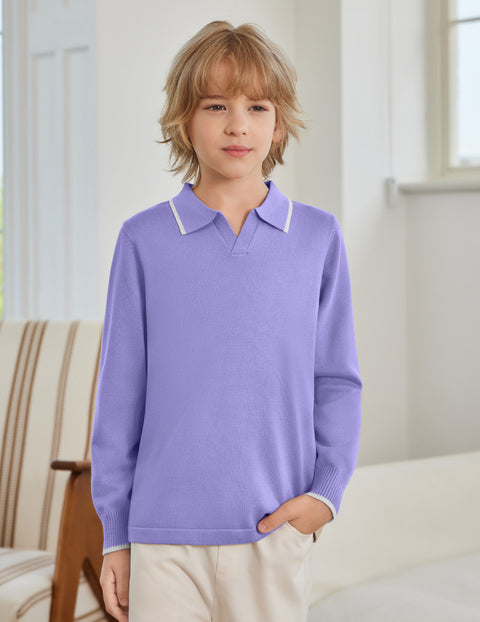 Boys Long Sleeve Knit Polo Shirt Lapel Collar School Uniform Sweater Top