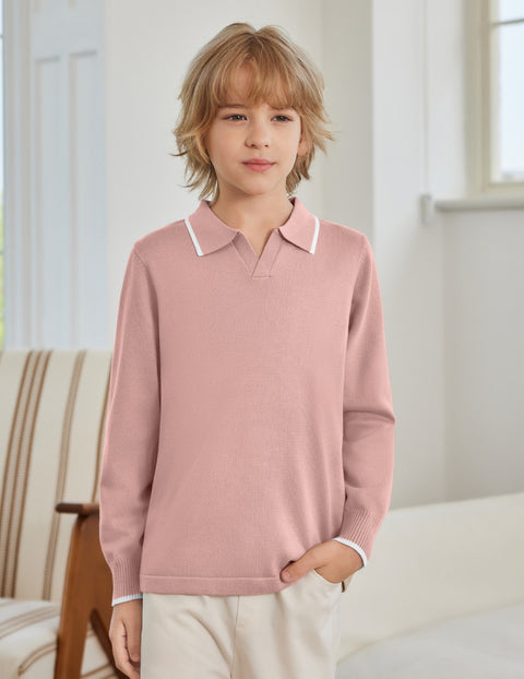 Boys Long Sleeve Knit Polo Shirt Lapel Collar School Uniform Sweater Top