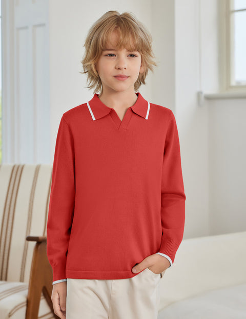 Boys Long Sleeve Knit Polo Shirt Lapel Collar School Uniform Sweater Top
