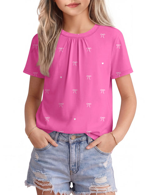 Girls Pleated Crewneck Short Sleeve T-Shirt Summer Casual Top
