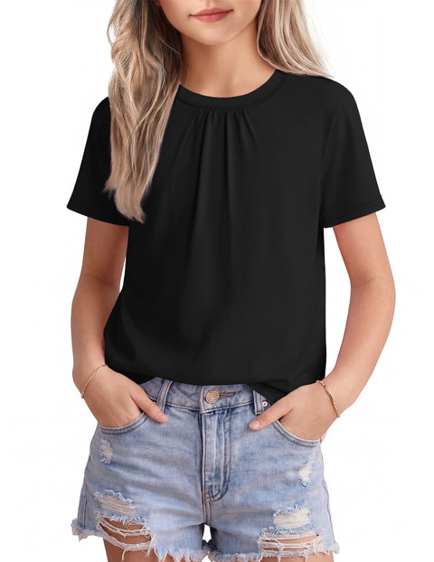 Girls Pleated Crewneck Short Sleeve T-Shirt Summer Casual Top
