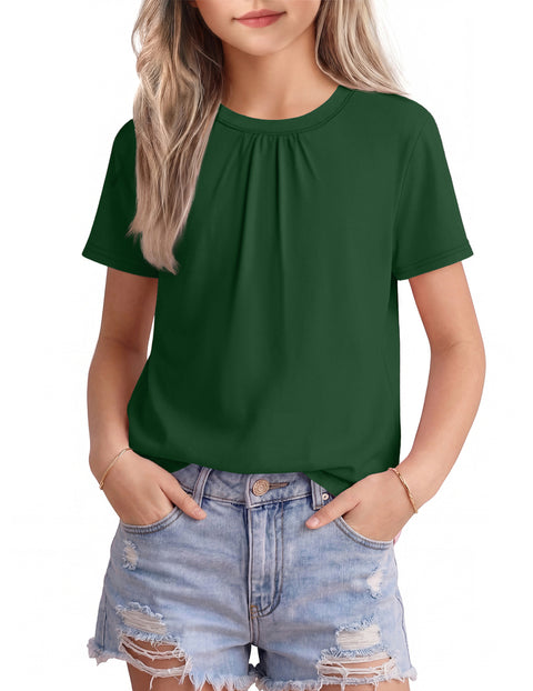 Girls Pleated Crewneck Short Sleeve T-Shirt Summer Casual Top
