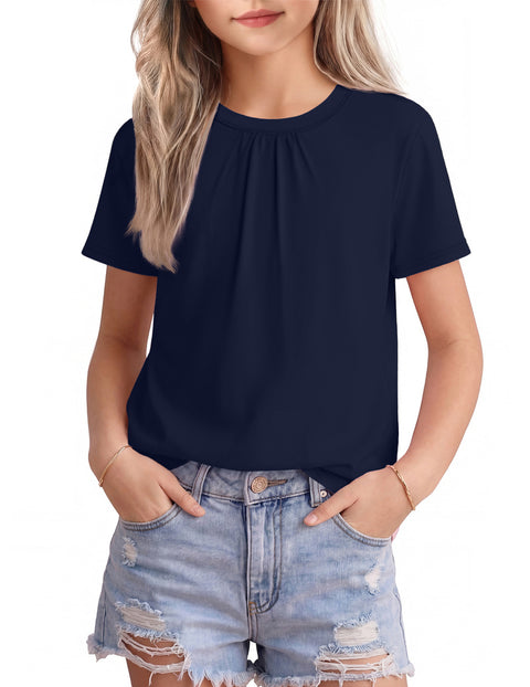 Girls Pleated Crewneck Short Sleeve T-Shirt Summer Casual Top