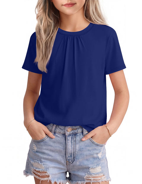Girls Pleated Crewneck Short Sleeve T-Shirt Summer Casual Top