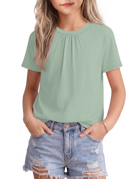 Girls Pleated Crewneck Short Sleeve T-Shirt Summer Casual Top