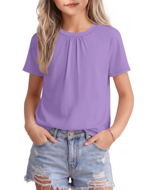 Girls Pleated Crewneck Short Sleeve T-Shirt Summer Casual Top
