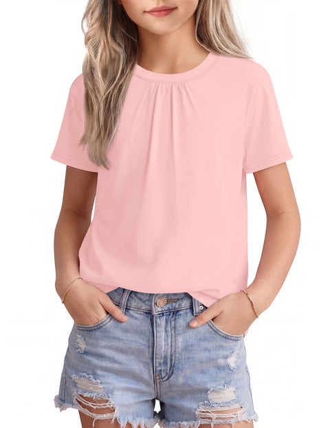 Girls Pleated Crewneck Short Sleeve T-Shirt Summer Casual Top