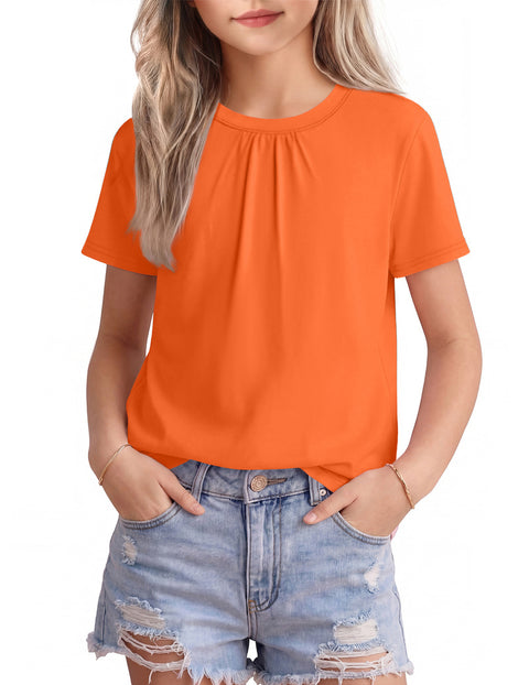 Girls Pleated Crewneck Short Sleeve T-Shirt Summer Casual Top