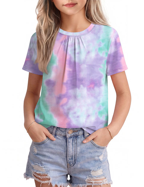 Girls Pleated Crewneck Short Sleeve T-Shirt Summer Casual Top