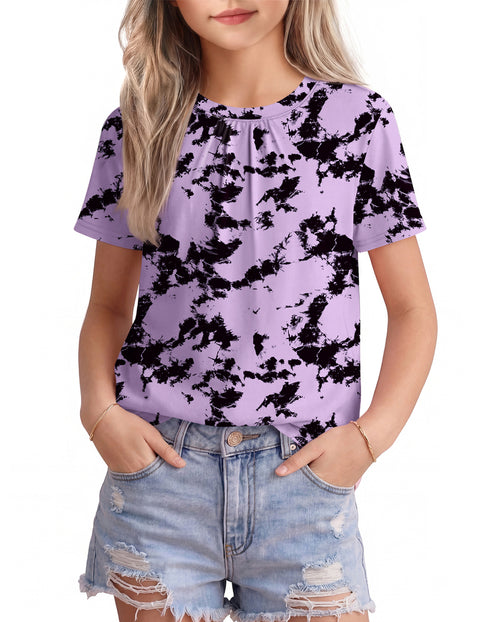 Girls Pleated Crewneck Short Sleeve T-Shirt Summer Casual Top
