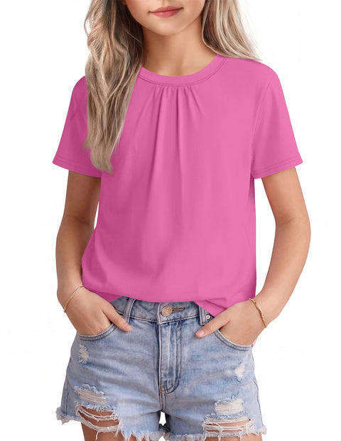 Girls Pleated Crewneck Short Sleeve T-Shirt Summer Casual Top