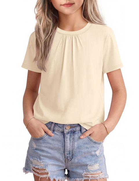 Girls Pleated Crewneck Short Sleeve T-Shirt Summer Casual Top