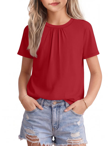 Girls Pleated Crewneck Short Sleeve T-Shirt Summer Casual Top