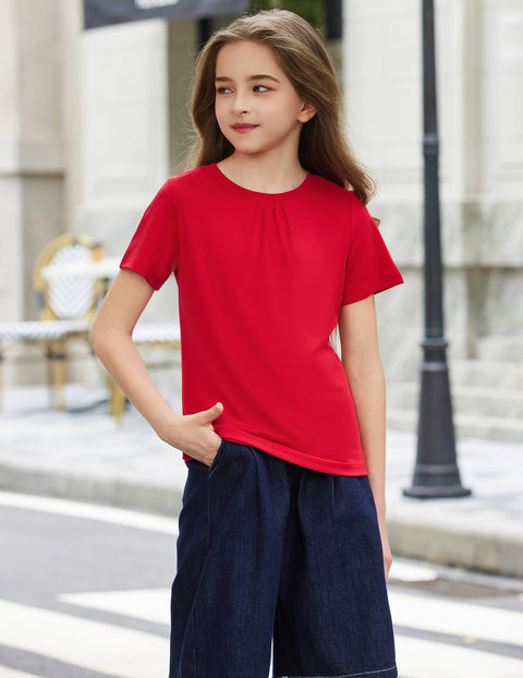 Girls Pleated Crewneck Short Sleeve T-Shirt Summer Casual Top
