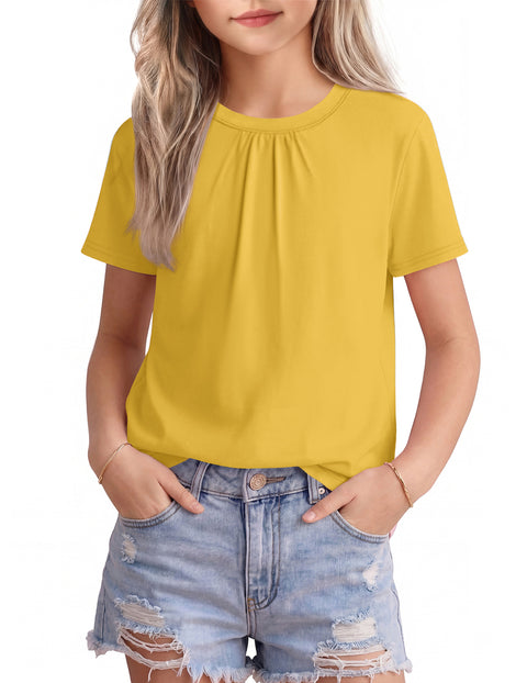 Girls Pleated Crewneck Short Sleeve T-Shirt Summer Casual Top
