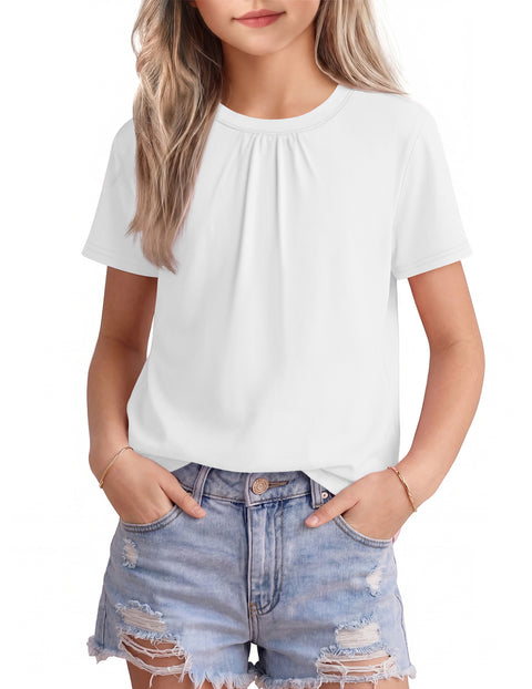 Girls Pleated Crewneck Short Sleeve T-Shirt Summer Casual Top